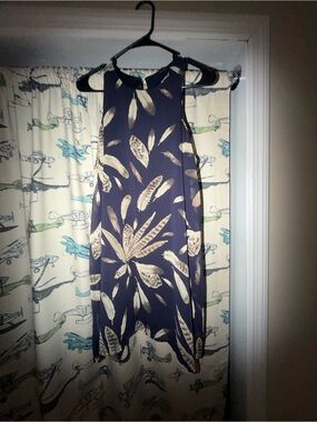 Final Touch Navy Shift Dress with Cream Feather Print